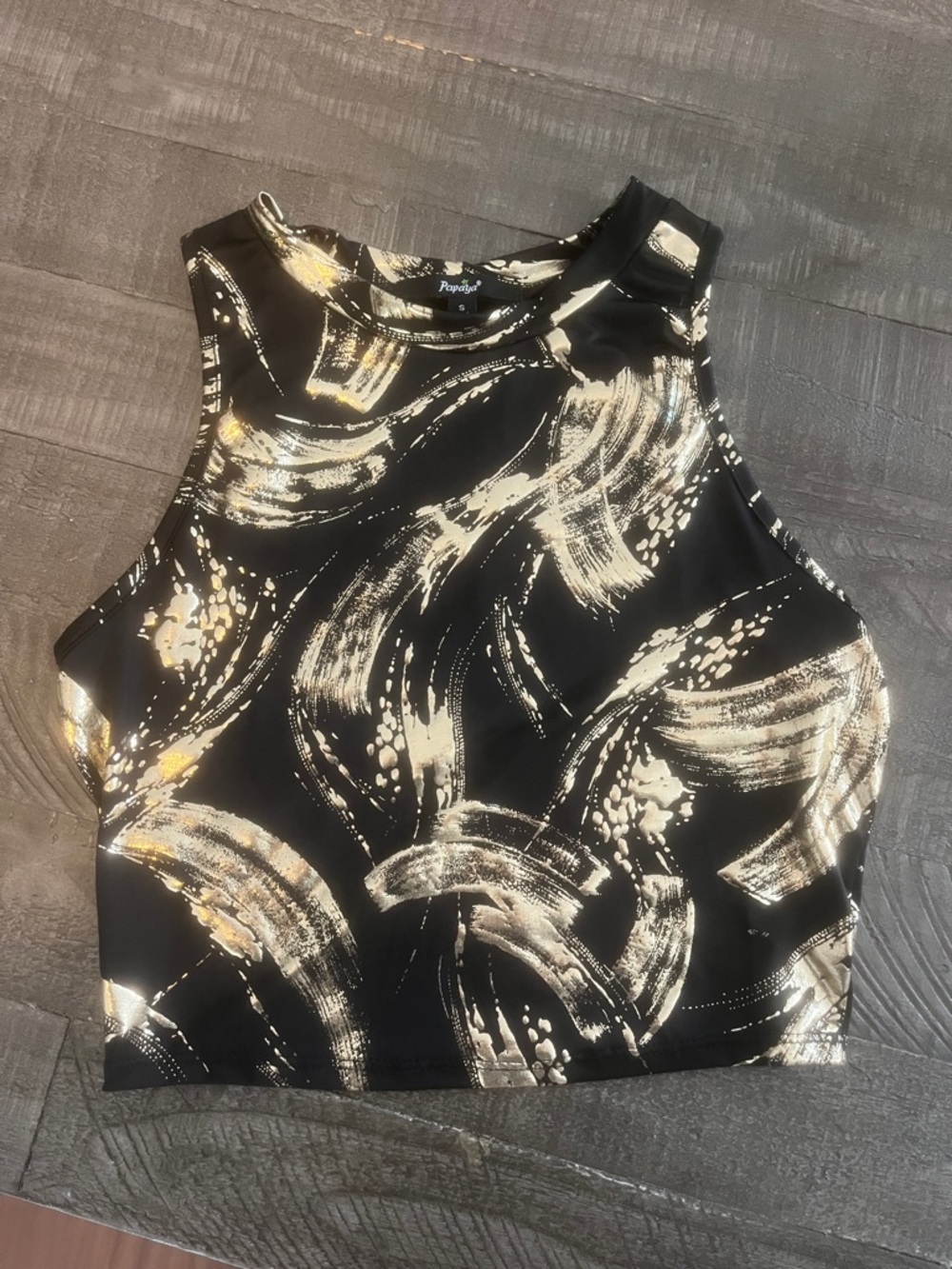 Papaya Black Crop Tank with Metallic Brushstroke Accents
